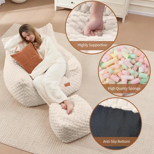 Vista 6 de Silla Puf con Otomana, Sofá Puf Gigante Moderno con Reposapiés, Sillas Puf Grandes de Descanso para Adultos y Adolescentes, Cómoda Silla de Lectura