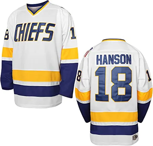 Vista 11 de Hanson Brothers - Camiseta de hockey 16 Charlestown Chiefs 17 Jeff Slap Shot 18, camiseta de hockey de película, azul, blanco, S-3XL