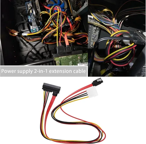 Vista 2 de Cable de alimentación de datos SATA 2 en 1, 22 pines (7+15) SATA macho a hembra de datos y alimentación Combo de cable de extensión Accesorios