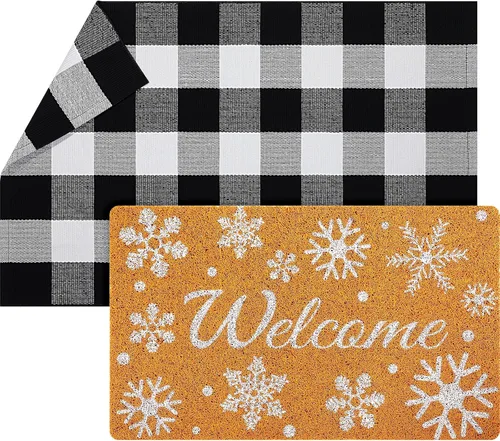 Vista 10 de Geelin 2 Tapetes de Puerta de Navidad, Felpudo Delantero Navideño a Cuadros Buffalo Blanco y Negro, Alfombra Decorativa de Árbol de Navidad