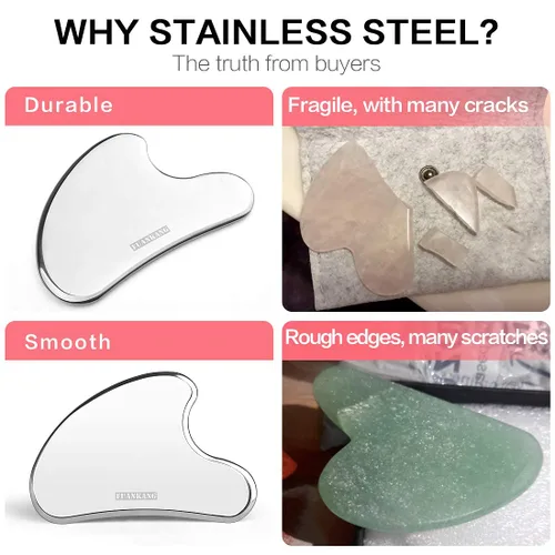 Vista 4 de Gua Sha - Herramientas faciales con bolsa de viaje, herramienta de masaje de raspado de acero inoxidable para cara