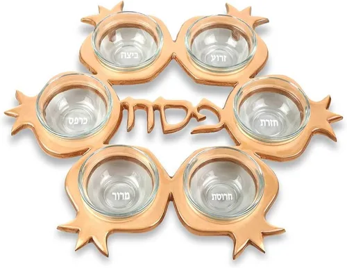 Vista 7 de Impresionante juego de seder de Pascua de granada – Plato artístico de seder con forma de granada y 6 platos de vidrio, cubierta de matzo de seda
