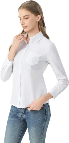 Vista 8 de Camisa clásica con botones y bolsillos, blusa de manga larga con cuello para mujer
