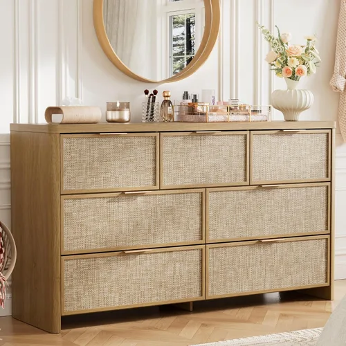 Vista 8 de Cómoda de ratán con 6 cajones para dormitorio, cómoda de 47.2 Roble natural