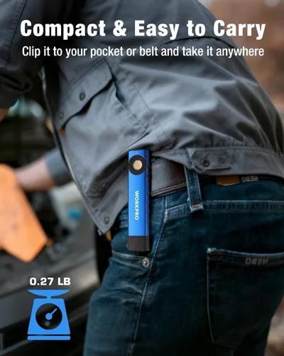 Vista 3 de WORKPRO linterna recargable de trabajo, linterna de bolsillo plana de 600 lúmenes con luz UV, base magnética y clip, linterna LED EDC delgada