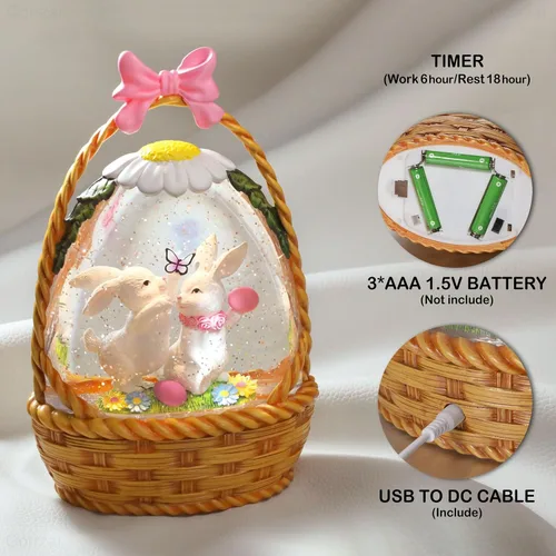 Vista 3 de Linterna de globo de nieve de Pascua, decoraciones de Pascua para el hogar con temporizador giratorio con purpurina, decoración de Pascua iluminada