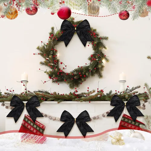 Vista 5 de Cindeer 24 piezas lazos de Navidad negros de 6 x 6 pulgadas, adornos navideños con purpurina lazos con lentejuelas para árbol de Navidad, corona