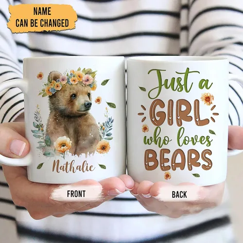 Vista 2 de Hyturtle Regalos Personalizados Amante de Osos - Taza de Café de Cerámica Just A Girl Who Loves Bears con Nombre Personalizado 11oz - Idea de Regalo