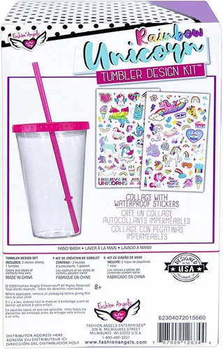 Vista 5 de Fashion Angels Kit de diseño de vaso de unicornio arcoíris, 2 hojas de calcomanías rellenas con 100 calcomanías impermeables para decorar 1 vaso