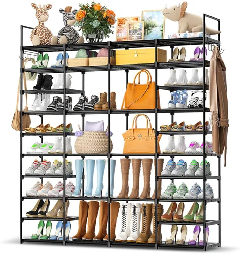 Vista 11 de Kottwca - Zapatero de 7 niveles de metal para entrada y armario, con capacidad para 24-28 pares, estante apilable para zapatos y botas con ganchos