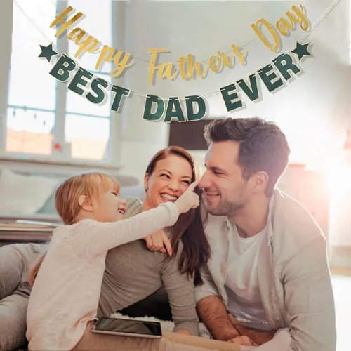Vista 7 de Pancarta dorada con texto en inglés «Happy Father's Day» para el Día del Padre, decoración de fiesta del padre, guirnalda de fondo para el día