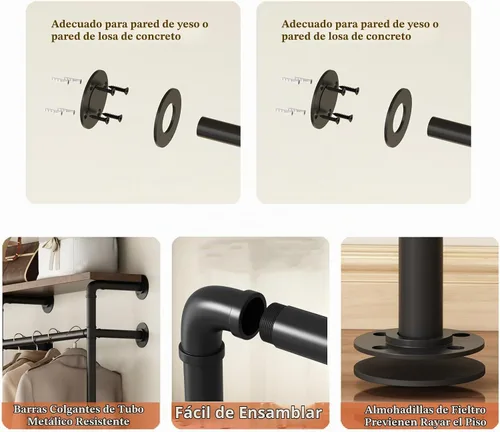 Vista 3 de HOMEKAYT Perchero Industrial de Tubería para Ropa, Perchero de Pared con Estantes, Estante Colgante de Ropa Multiusos de Servicio Pesado - 70.8''L