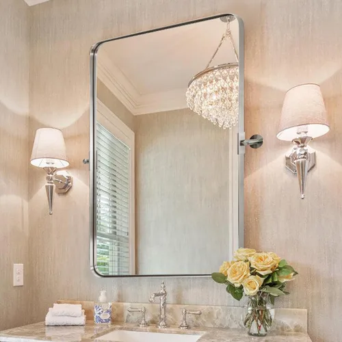 Vista 23 de Espejo giratorio Moon Mirror de oro cepillado, espejo inclinable de latón para tocador rectangular para baño, medidas totales 24.33 x 28 pulgadas