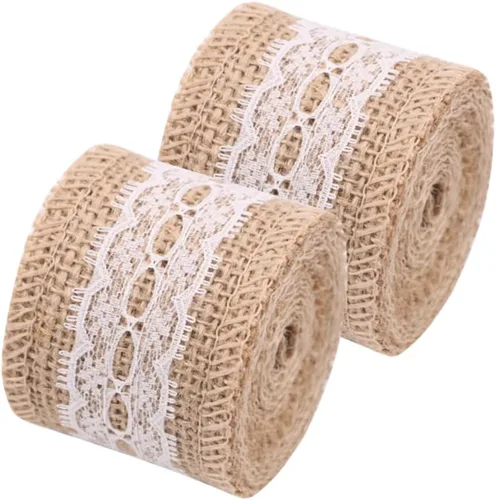 Vista 3 de LALAFINA Rollo de cinta decorativa de yute con ribete de encaje para manualidades y proyectos de bricolaje, patrón de envoltura de bodas y arreglos