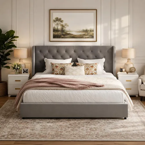 Vista 9 de HOMBCK - Marco de cama tamaño completo, base de cama tapizada en plataforma gris con cabecero, terciopelo acolchado, diseño de ala curvada, listones