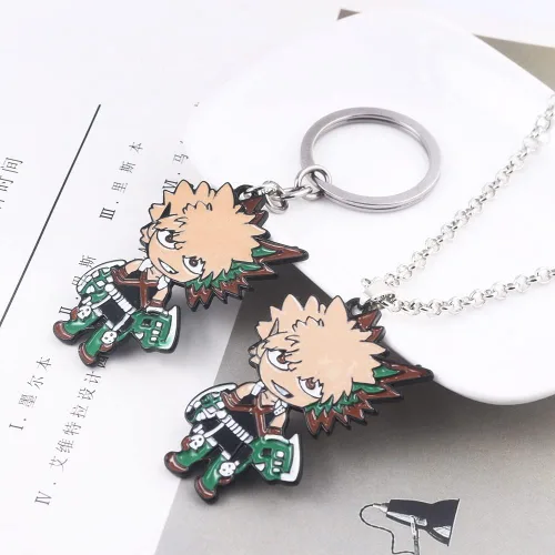 Vista 3 de MHA Bakugo Charm Keychain Necklace Set - Anime Characters Deku Todoroki Pendant Necklace - Christmas Cosplay Gifts for Kids Girls Teens Women Men