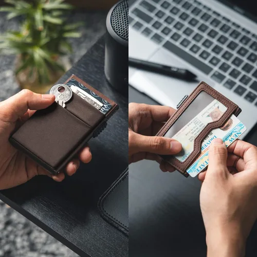 Vista 32 de VULKIT Billetera minimalista con ventana de identificación y bolsillo EDC con bolsillo desplegable para tarjetas de crédito y bloqueo RFID, diseño