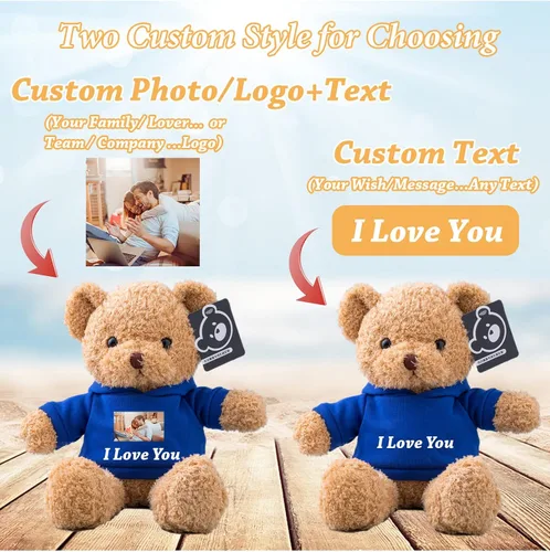 Vista 2 de Regalos personalizados para mujeres/hombres, oso de peluche con nombre/texto personalizado, oso de peluche personalizado con capucha