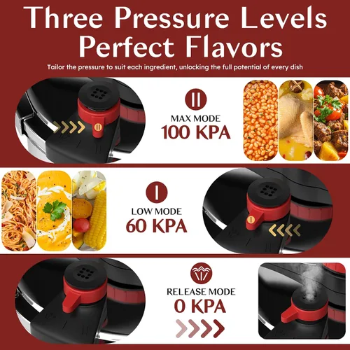 Vista 3 de BreeRainz 304 Olla a presión de acero inoxidable 8.45QT 3-Stage PSI Settings,One-Hand Locking,Pressure Pot with Extra Glass Lid, Timer,Steaming
