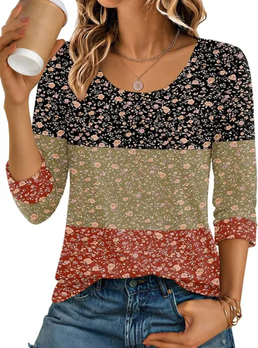 Vista 14 de Ekouaer Camisetas básicas casuales de manga 3/4 para mujer, cuello redondo Rayado Caqui