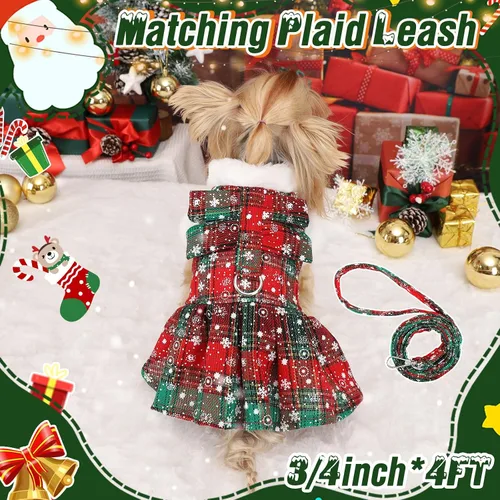 Vista 2 de Vestido de suéter de Navidad para perro con correa, conjunto de suéteres para cachorros para perros pequeños hembra, traje de mascota a cuadros