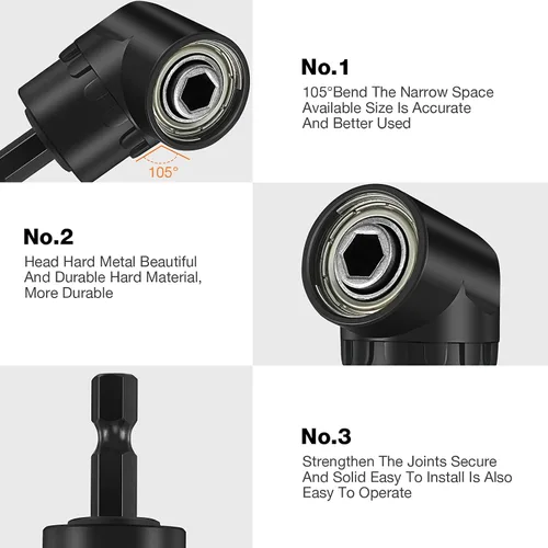 Vista 5 de Juego de 4 adaptadores de enchufe de impacto de 90 grados, accesorio de taladro de ángulo recto giratorio de 360° de 1/4 3/8 1/2 pulgadas, adaptador