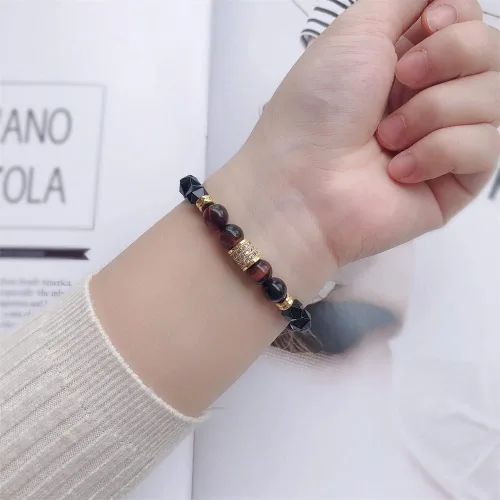Vista 4 de Xiaofuxian Pulsera de pasión de ojo de tigre rojo natural con obsidiana negra, aumenta la confianza, trae motivación, relación fuerte, pulsera