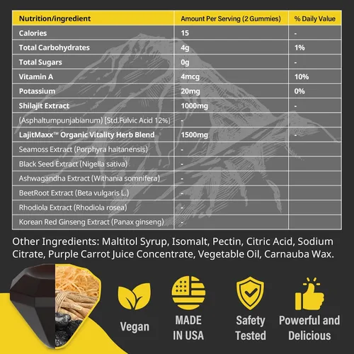 Vista 2 de Shilajit - Gomitas para hombres y mujeres Shilajit para hombres – Shilajit puro orgánico Alta potencia 85+ minerales traza y ácido fúlvico
