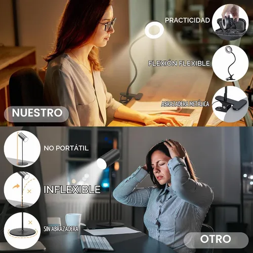 Vista 6 de Foneso Lámpara de escritorio con clip, luz de 48 LED, USB, con 3 modos de color, 10 niveles de brillo, protección ocular, cuello de ganso flexible