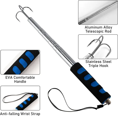 Vista 3 de Alwonder Gaff de pesca telescópica, Lanza de pesca en hielo de triple gancho de acero inoxidable, Poste telescópico de aleación de aluminio