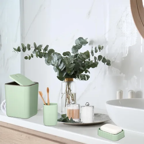 Vista 7 de Hosuly Juego de 9 piezas de accesorios de baño para cortina de ducha y 12 ganchos, dispensador de jabón, jabonera, tapete de baño antideslizante