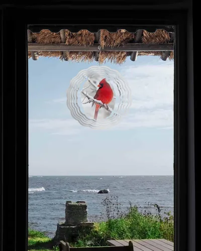 Vista 4 de Molinillos de viento para patio y jardín, cardenales rojos de Navidad, esculturas de viento de metal 3D, para colgar en invierno, nieve, acero