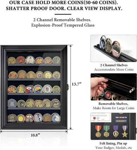 Vista 3 de Vitrina de Monedas de Desafío Militar con Vidrio Templado HD - Vitrina para Medallas de 5 Filas Gabinete Estante Caja de Sombra con Estantes