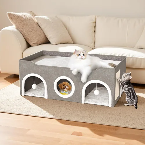 Vista 7 de Top Bed - Condominios para gatos de tres habitaciones, casa para gatos extra ancha todo en 1 para interiores, múltiples gatos familia de cachorros