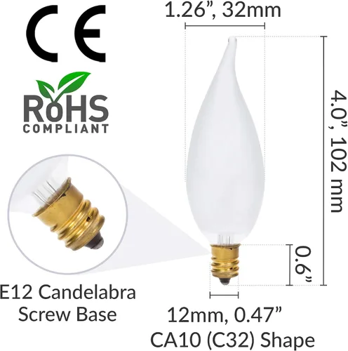 Vista 4 de Simba Lighting Candelabro CA10 con punta de llama esmerilada de 25 W, base E12 (paquete de 12) bombillas incandescentes decorativas de 120 V