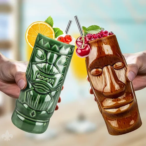 Vista 4 de LINALL Juego de 4 tazas de cóctel Tiki – Tazas de cóctel hawaianas de cerámica grandes, vasos de cóctel exóticos, Tiki Bar Profesional Hawaiano