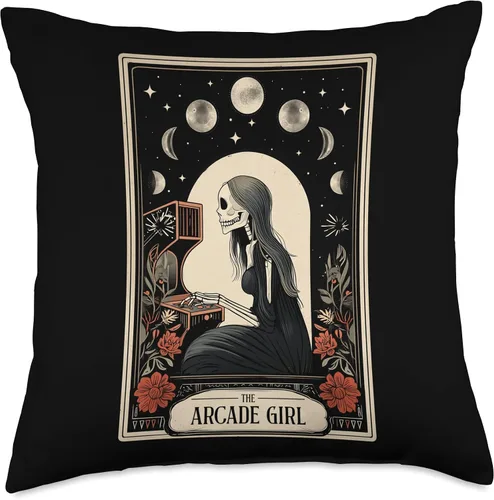 Vista 4 de The Arcade Girl Retro Arcade Gaming 80s Tarot Card Skeleton Throw Pillow