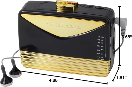 Vista 6 de Studebaker Walkabout - Reproductor de cassette estéreo personal con radio AM/FM (negro/dorado)