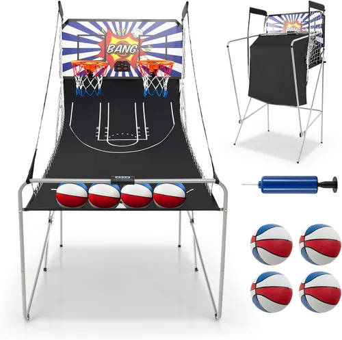 Vista 14 de GYMAX Juego de baloncesto arcade plegable para interiores con 8 modos de juego, sonido de arcade, 4 bolas y bomba de inflado, juegos de baloncesto
