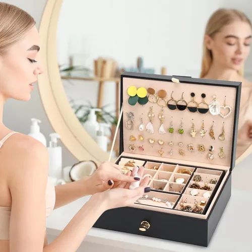 Vista 7 de Fixwal Joyero de aretes para mujeres, niñas y hombres, caja organizadora de joyas negra, caja organizadora de aretes de cuero, caja de aretes