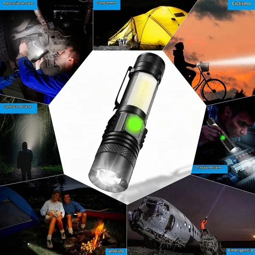 Vista 6 de Linterna recargable por USB, linternas magnéticas LED, linternas tácticas súper brillantes con luz lateral mazorca, impermeable, zoomable, 6 modos