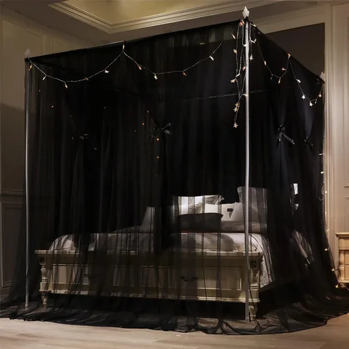Vista 4 de VETHIN - Dosel de cama de 4 esquinas con diseño de princesa, cortina de cama de doble capa con diseño de red acogedora, mosquitero de 4 aberturas
