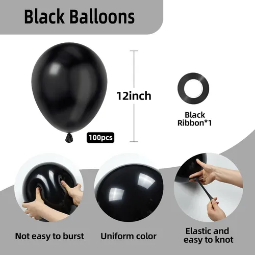 Vista 2 de FOTIOMRG Globos negros de 12 pulgadas, paquete de 100 globos de látex negros para cumpleaños, graduación, Halloween, baby shower, día del padre