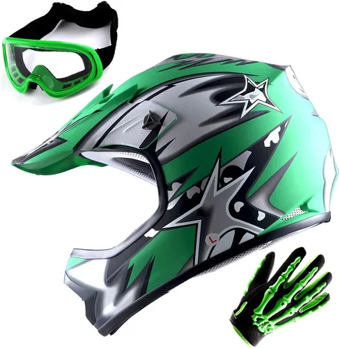 Vista 15 de WOW Casco de motocross juvenil MX BMX, casco de bicicleta negro araña + gafas + guante negro esqueleto K-Negro mate