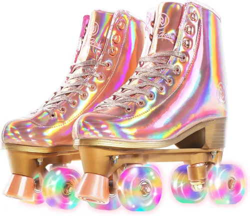 Vista 9 de JajaHoho Patines de ruedas para mujer, patines de cuero PU holográficos de alta calidad, patines brillantes de doble fila con cuatro ruedas