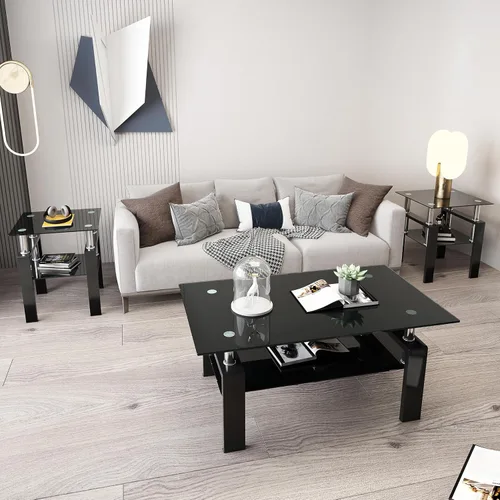 Vista 4 de Mesa auxiliar de vidrio moderna para sofá, mesa de centro pequeña, mesa de centro negra, mesa de sala de estar, mesita de noche cuadrada, muebles
