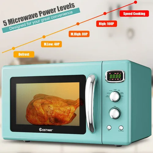 Vista 3 de COSTWAY horno microondas retro para encimera, 0.9 ft³, 900 W, con 5 niveles de potencia, funciones de descongelamiento y cocción automática