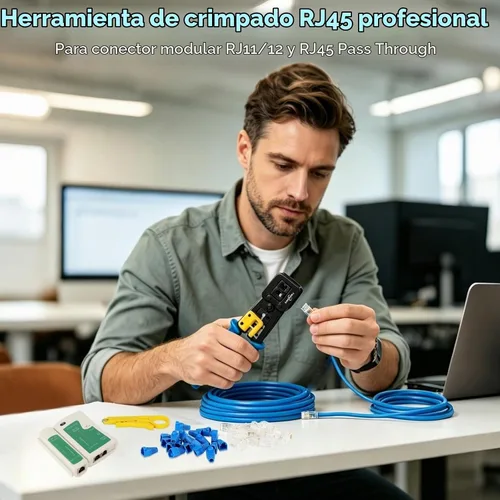 Vista 2 de Kit de Herramienta de Crimpado RJ45 Pass Thru Cat5 Cat5e Cat6 Herramienta de Crimpado RJ45 con 20 Conectores RJ45 Cat6 Pass Through, 20 Cubiertas, 1
