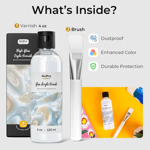 Vista 7 de Nicpro Barniz Brillante para Pintura Acrílica 4oz, Sin Amarilleamiento, No Tóxico, Anti-Agrietamiento, Barniz Acrílico Transparente para Artistas