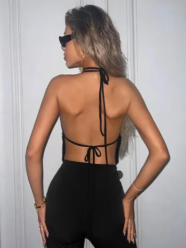 Vista 4 de Verdusa Top de tirantes con diamantes de imitación y cuello halter sin espalda para mujer